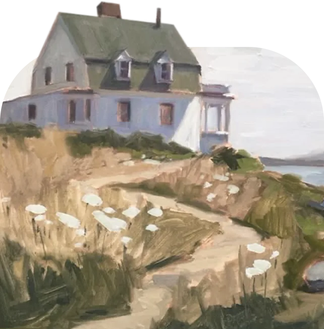Pintura de uma casa branca sobre uma colina florida à beira-mar
