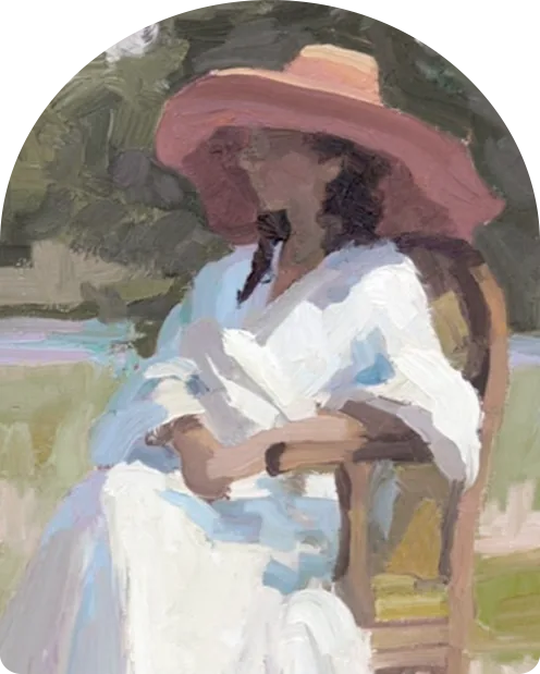 Pintura de uma mulher de chapéu rosa sentada ao ar livre